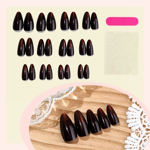 Cat Eye Press On Nägel Mandelform Maillard Karamellbraun Glänzend Künstliche Fingernägel Mit Klebepads Und Feile