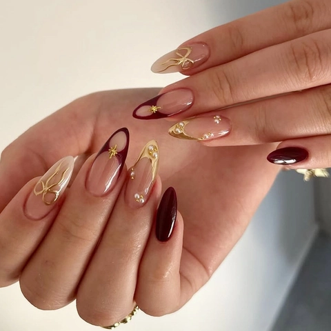 Uñas Postizas De Almendra Borgoña Estilo Francés Retro Lujo Lazo Dorado 3D Perla Artificial Estrella Decoración Uñas Artificiales