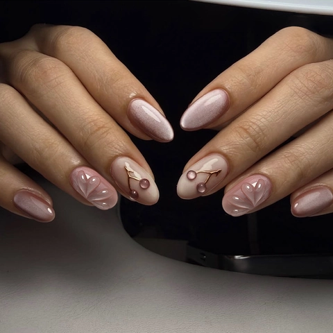 Amandel Press On Nagels 3D Reliëf Cat Eye Gradiënt Roze Nude Bloemen Kers Ontwerp Hars Manicure Dames