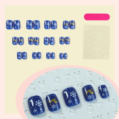 Unghie Finte Natalizie Blu Corte Arrotondate Renna Fiocco Di Neve Lucide Plastica ABS Manicure Fai Da Te Per Donna