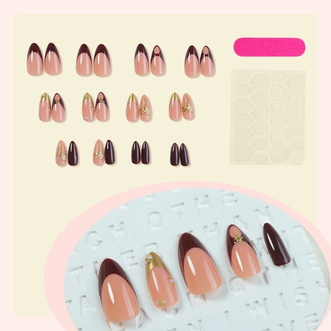 Uñas Postizas De Almendra Borgoña Estilo Francés Retro Lujo Lazo Dorado 3D Perla Artificial Estrella Decoración Uñas Artificiales