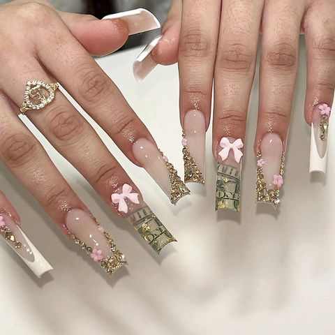 Handgemachte Extra Lange Coffin Press On Nails Mit 3D Schleifen Strass Blumen Französische Spitzen Und Geldmuster Luxus