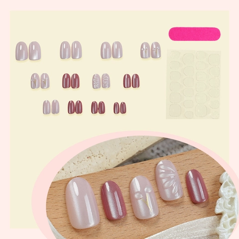 Amandel Press On Nagels 3D Reliëf Cat Eye Gradiënt Roze Nude Bloemen Kers Ontwerp Hars Manicure Dames