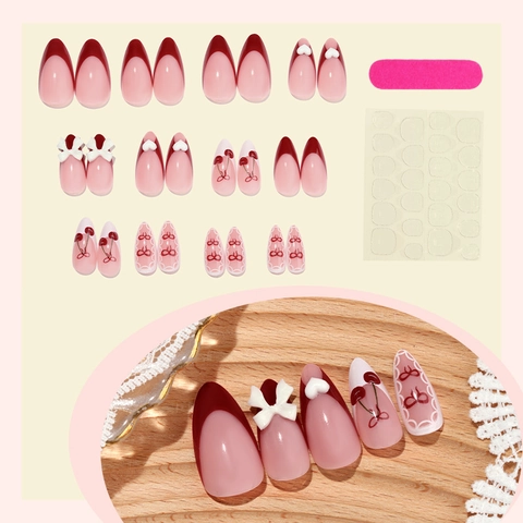 Unghie Finte Press On Mandorla Punta Rossa Francese Con Fiocco 3D Ciliegia Cuore Design San Valentino Stile Dolce Donne