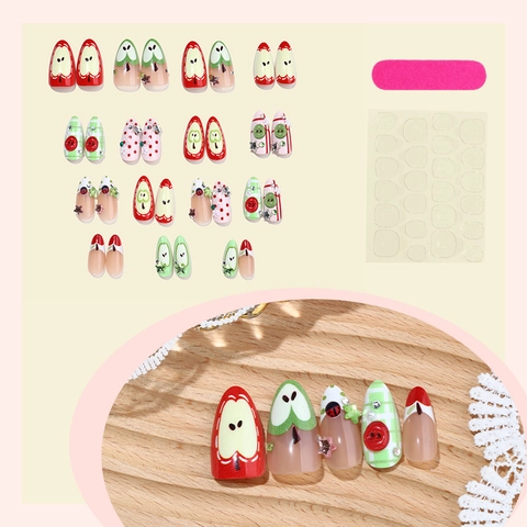Unghie Finte Motivo Mela Coccinella Decorazione 3D Bottone Strass Stile Francese Dolce Per Donne Accessorio Manicure DIY