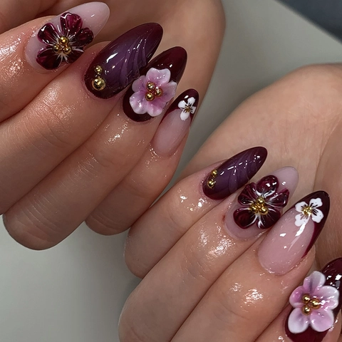 Press On Nagels Franse Stijl Paars 3D Bloem Amandel Middellange Kunstnagels Voor Vrouwen Manicure Decoratie
