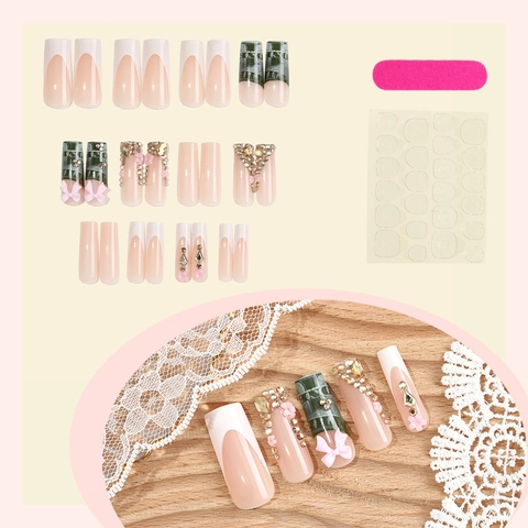Handgemachte Extra Lange Coffin Press On Nails Mit 3D Schleifen Strass Blumen Französische Spitzen Und Geldmuster Luxus