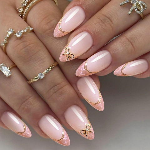 Uñas Postizas Press On Francesas Forma Almendra Plástico ABS Uñas Artificiales Mármol Blanco Con Decoración Lazo Dorado