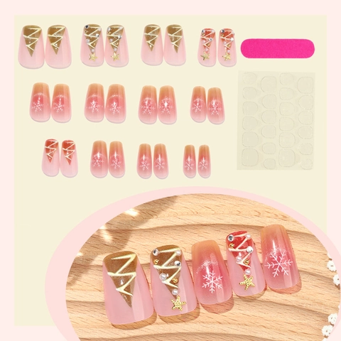 Christmas Press On Nails 3D Christmas Tree Snowflakes Artificial Pearl Rhinestone Medium Long Square Glitter Festive Women Manicure