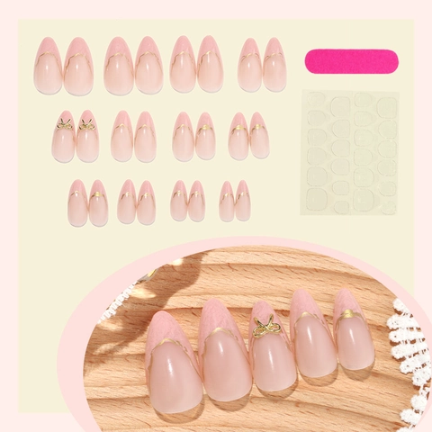 Uñas Postizas Press On Francesas Forma Almendra Plástico ABS Uñas Artificiales Mármol Blanco Con Decoración Lazo Dorado