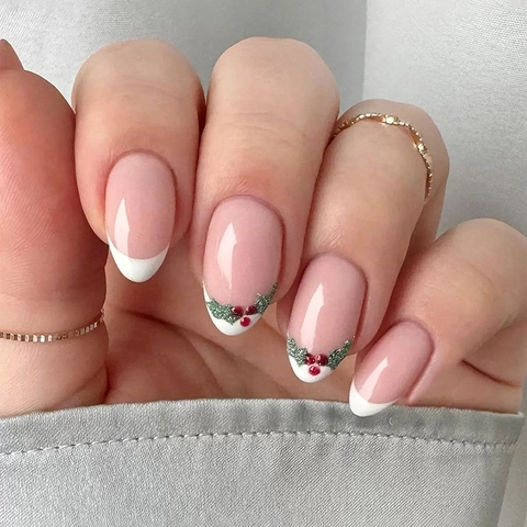 Christmas French Press On Nails White Tip Winter Holly Green Glitter Red Rhinestone Holiday False Nails Glossy