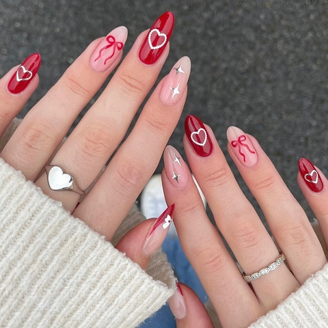Mandel Druck Auf Nägel Rot Rosa Herz Bogen Stern Design Valentinstag Stil Falsche Nägel Finger Dekor