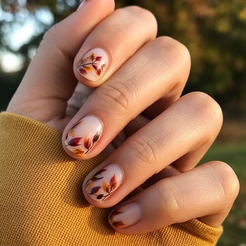 Press On Nails Short Square Autumn Maple Leaf Pattern Fake Nail Tips With Jelly Glue And Nail File For Women