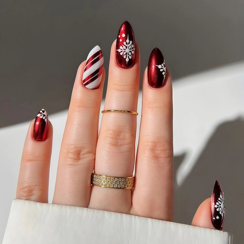 Uñas Postizas Navideñas Rayas Rojas Blancas Copo De Nieve Francesas Largas Almendra Con Lima De Uñas Y Pegamento De Gelatina