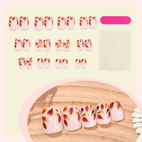 Press On Nails Short Square Autumn Maple Leaf Pattern Fake Nail Tips With Jelly Glue And Nail File For Women