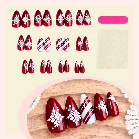 Uñas Postizas Navideñas Rayas Rojas Blancas Copo De Nieve Francesas Largas Almendra Con Lima De Uñas Y Pegamento De Gelatina