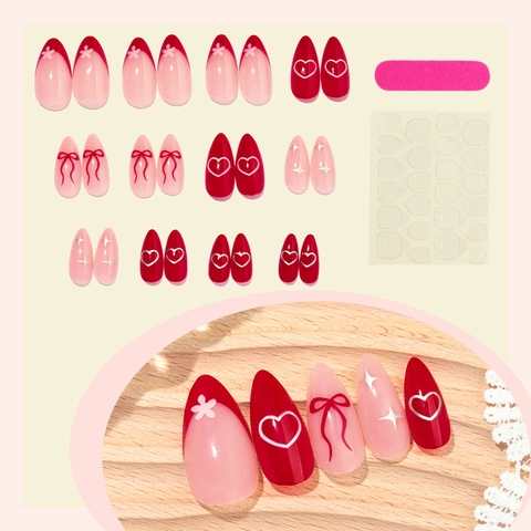 Mandel Druck Auf Nägel Rot Rosa Herz Bogen Stern Design Valentinstag Stil Falsche Nägel Finger Dekor