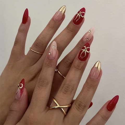 Press On Nails 3D Gold Bow Artificial Fake Nails With Starry Rhinestones Elegant Resin Manicure Glossy Finish