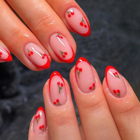 French Red Cherry Press On Nails Almond Fake Nails Sweet Artificial Fingernails For Women