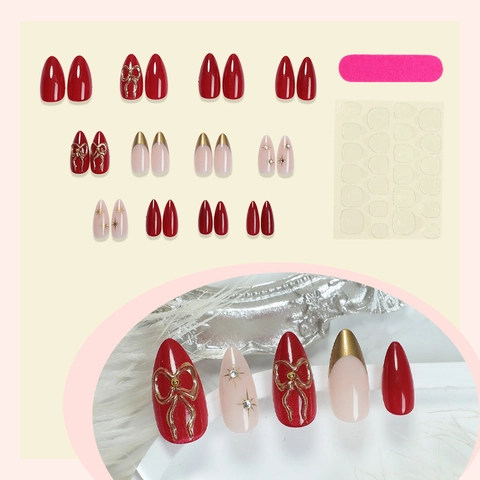 Press On Nails 3D Gold Bow Artificial Fake Nails With Starry Rhinestones Elegant Resin Manicure Glossy Finish