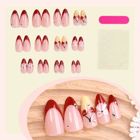 Handmade French Red Tip Press On Nails With Cherry White Bow Rhinestone Almond Shape Fake Nails Sweet For Women
