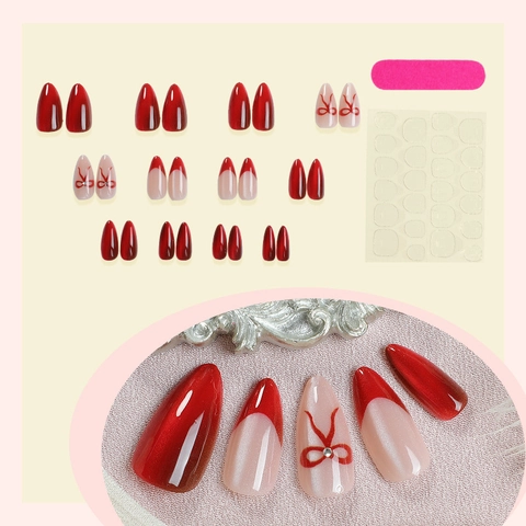 Press On Nails Rosso Occhio Di Gatto French Tip Forma Mandorla Fiocco Cuore Decorazione Unghie Finte Per Donne Con Adesivi