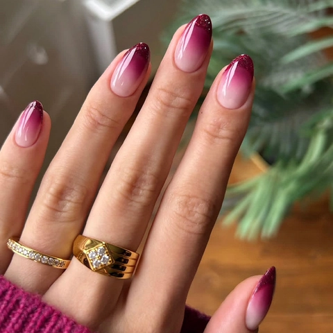 Almond Shape Press On Nails Gradient Wine Red Pink French Ombre Glitter DIY Manicure Full Cover Fake Nails Accessory Tool