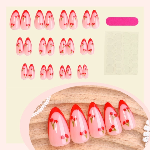 French Red Cherry Press On Nails Almond Fake Nails Sweet Artificial Fingernails For Women