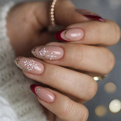 Faux Ongles De Noël French Tip Rouge Foncé Paillettes Or Flocon De Neige Forme Amande Ongles Artificiels Vacances