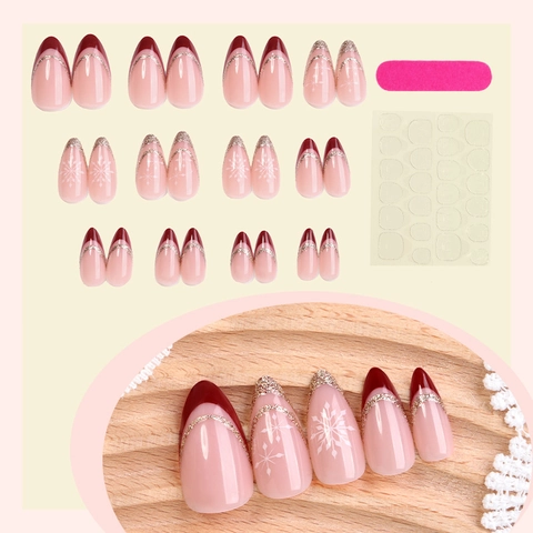 Faux Ongles De Noël French Tip Rouge Foncé Paillettes Or Flocon De Neige Forme Amande Ongles Artificiels Vacances