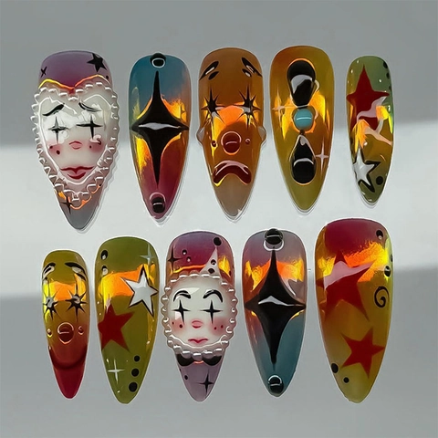 Uñas Postizas Press On Tema Payaso Halloween Forma Almendra Larga Degradado Colorido Estrella Perla Artificial Decoración Plástico ABS Vintage