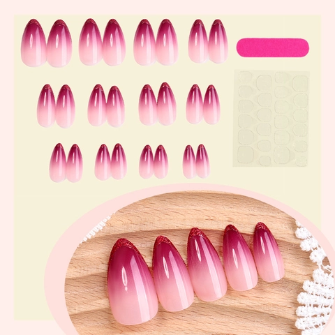 Almond Shape Press On Nails Gradient Wine Red Pink French Ombre Glitter DIY Manicure Full Cover Fake Nails Accessory Tool