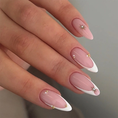 French Tip Press On Nails Nude Pink White With Artificial Pearls Rhinestones Almond Shape Artificial Nails Sweet Style Women