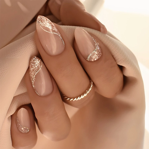 Almond Press On Nails French Silver Glitter Design Nude Pink Fake Nails With File Adhesive Tabs For Women Elegant