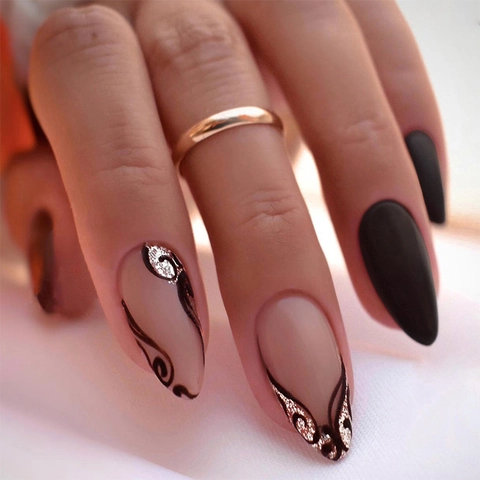 Uñas Postizas Press On Forma Almendra Negro Mate Rosa Nude Brillo Estilo Vintage Francés Patrón Viña Artística Uñas Largas Mujeres