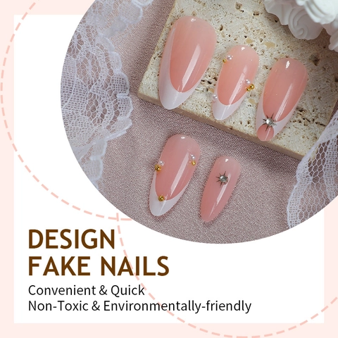 French Tip Press On Nails Nude Pink White With Artificial Pearls Rhinestones Almond Shape Artificial Nails Sweet Style Women