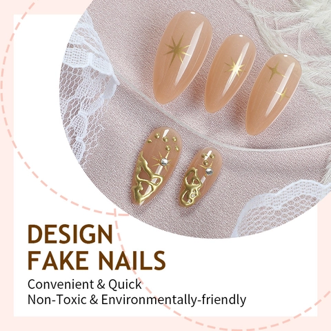 Amandel Plaknagels Nude Roze Verloop Gouden Lijnen Sterpatronen Steentjes Glanzende Elegante Lange Kunstnagels
