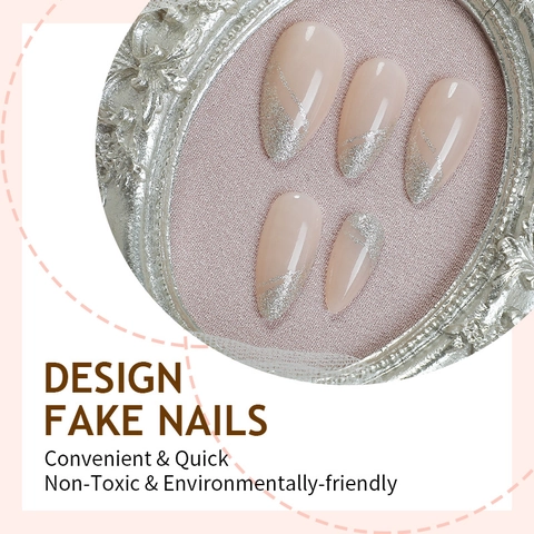 Almond Press On Nails French Silver Glitter Design Nude Pink Fake Nails With File Adhesive Tabs For Women Elegant