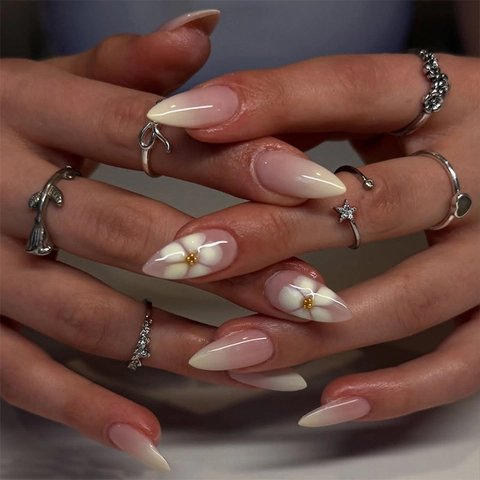 Mandel Press On Nägel Verlauf Pink Künstliche Nagelspitzen Mit 3D Relief Blumen Goldperlen Französischer Stil Maniküre