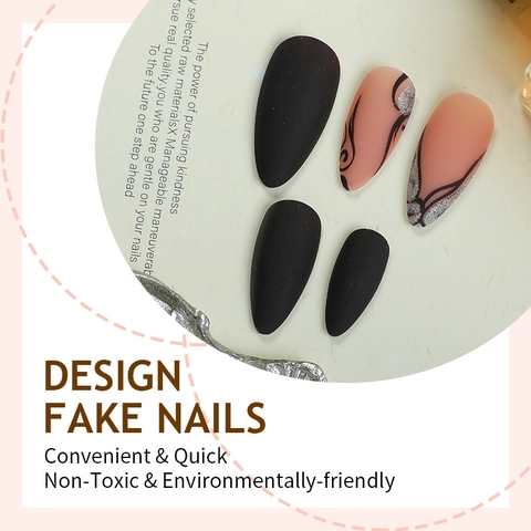 Uñas Postizas Press On Forma Almendra Negro Mate Rosa Nude Brillo Estilo Vintage Francés Patrón Viña Artística Uñas Largas Mujeres