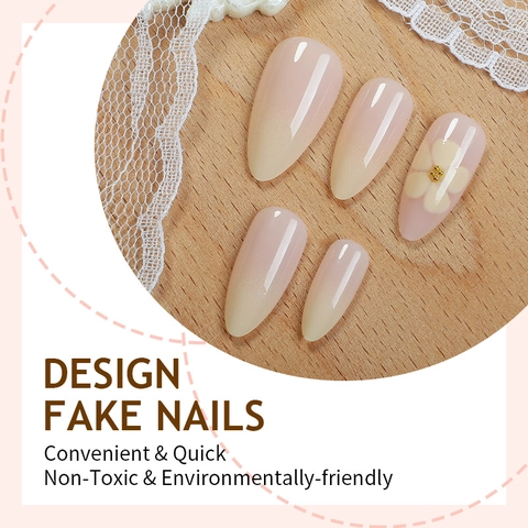 Mandel Press On Nägel Verlauf Pink Künstliche Nagelspitzen Mit 3D Relief Blumen Goldperlen Französischer Stil Maniküre