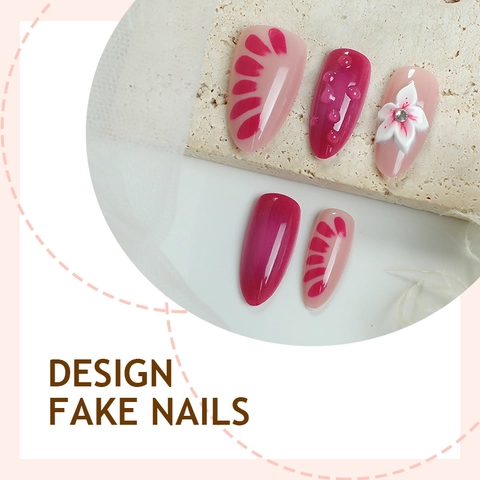 Press On Nägel Mandelform 3D Blume Strass Rosa Rot Farbverlauf Elegante Glänzende Künstliche Nägel Damen