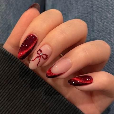 Press On Nails Rojo Ojo De Gato French Tip Forma Almendra Lazo Corazón Decoración Uñas Postizas Para Mujeres Con Adhesivos