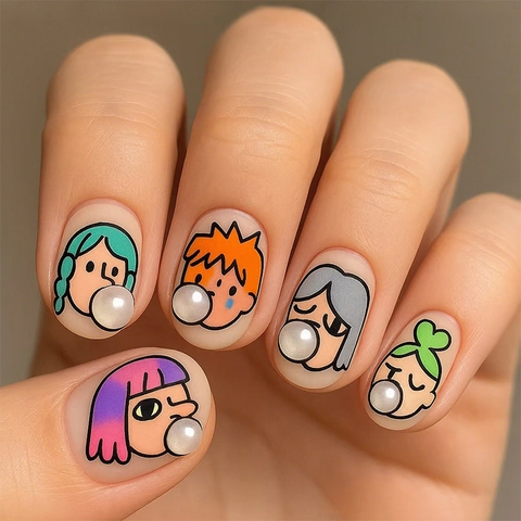 Press On Nails Short Round Cartoon Character Hand Painted With 3D Artificial Pearl Decor Cute Sweet For DIY Manicure