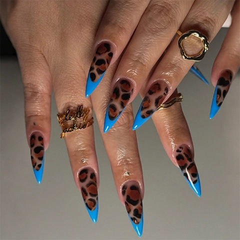 Stiletto Aufklebe Nägel Leopard Muster Blau French Lang Spitz Künstliche Nägel Glänzend Für Frauen