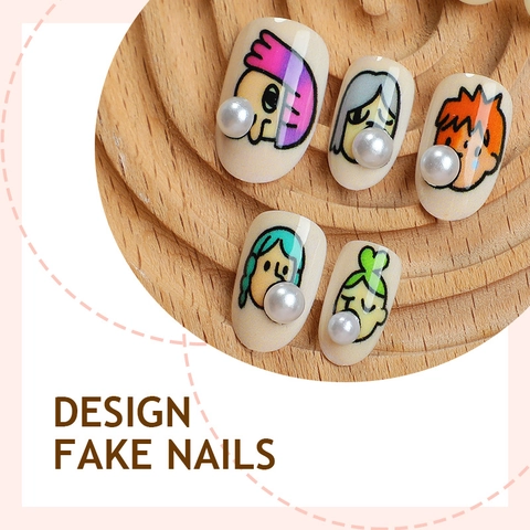 Press On Nails Short Round Cartoon Character Hand Painted With 3D Artificial Pearl Decor Cute Sweet For DIY Manicure