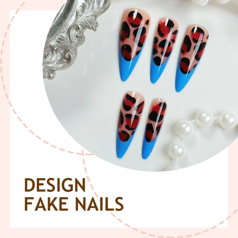 Stiletto Aufklebe Nägel Leopard Muster Blau French Lang Spitz Künstliche Nägel Glänzend Für Frauen