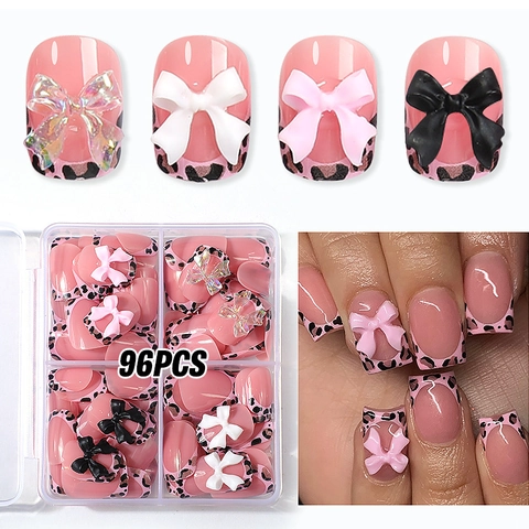 French Leopard Print Press On Nails With 3D Bow Decoration Square Fake Nails For Women Manicure Aesthetic