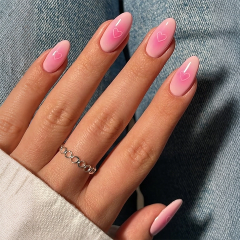 Uñas Postizas Almendra Degradado Rosa Blush Estampado Corazón Blanco Con Pestañas Adhesivas Y Lima De Uñas Para Mujer