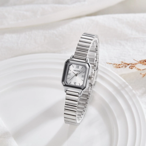 Square Quartz Watch Alloy Case Elastic Metal Strap Roman Numerals Waterproof Casual Elegant Wristwatch For Women